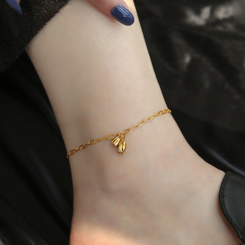 Gold Steel Lotus Flower Charm Anklet