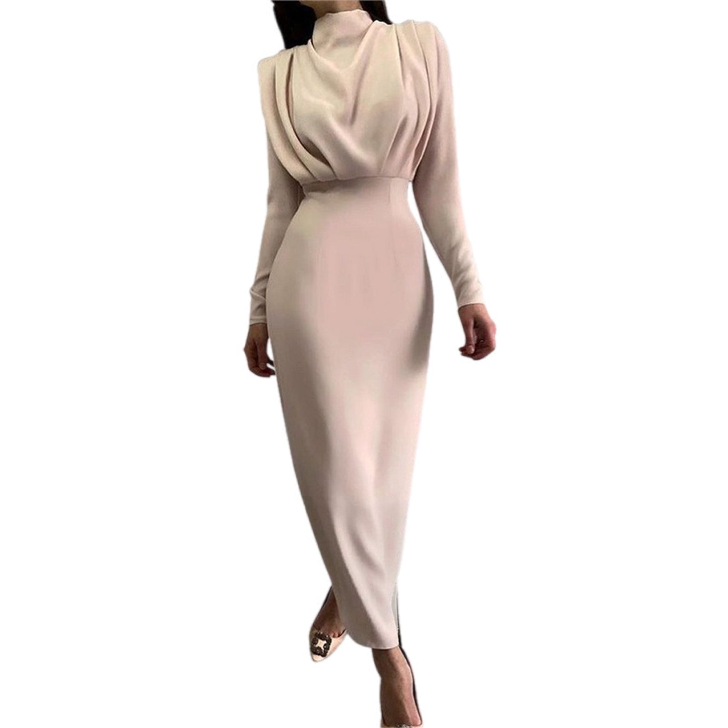 Formal Ruched Turtleneck Long Sleeve Dress