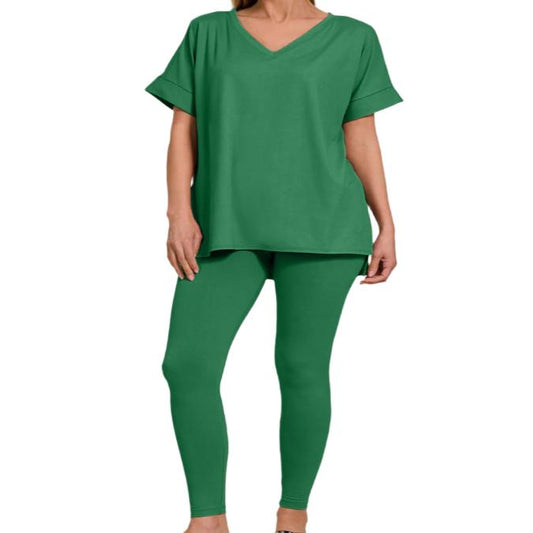 V-Neck Rolled Short Sleeve T-Shirt & Leggings Lounge Set