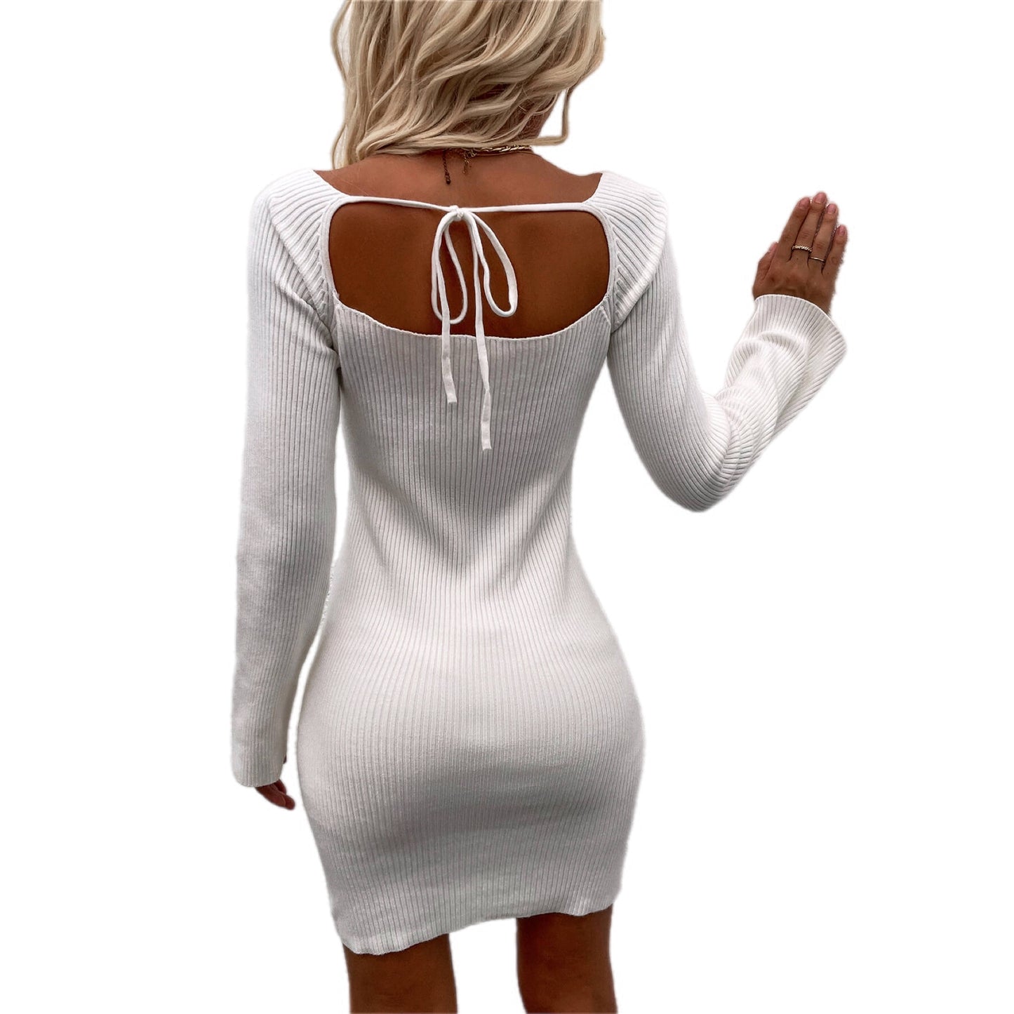 Ribbed Tie-Back Long Sleeve Mini Dress