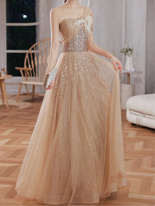 Champagne Gold Glitter Evening Gown