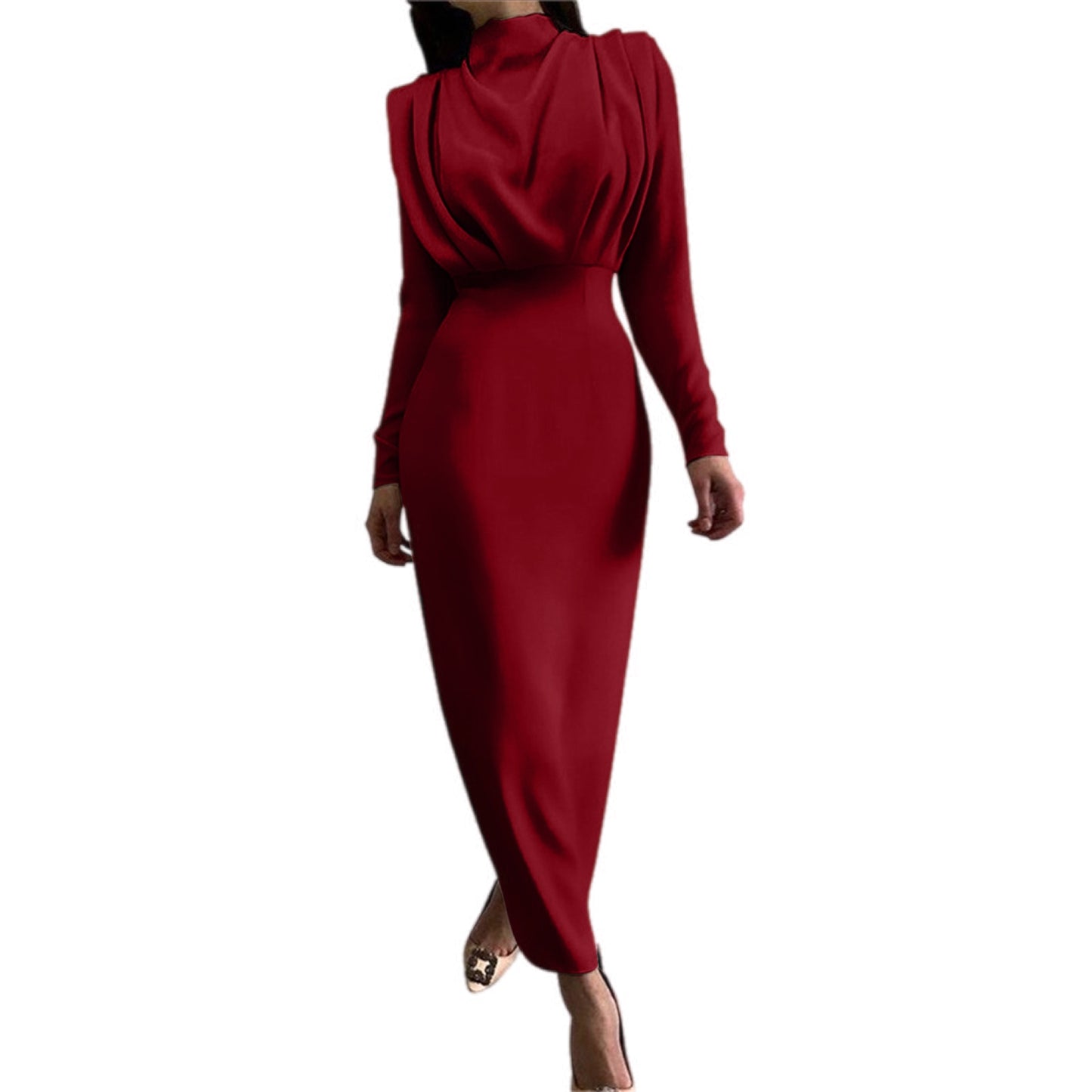 Formal Ruched Turtleneck Long Sleeve Dress