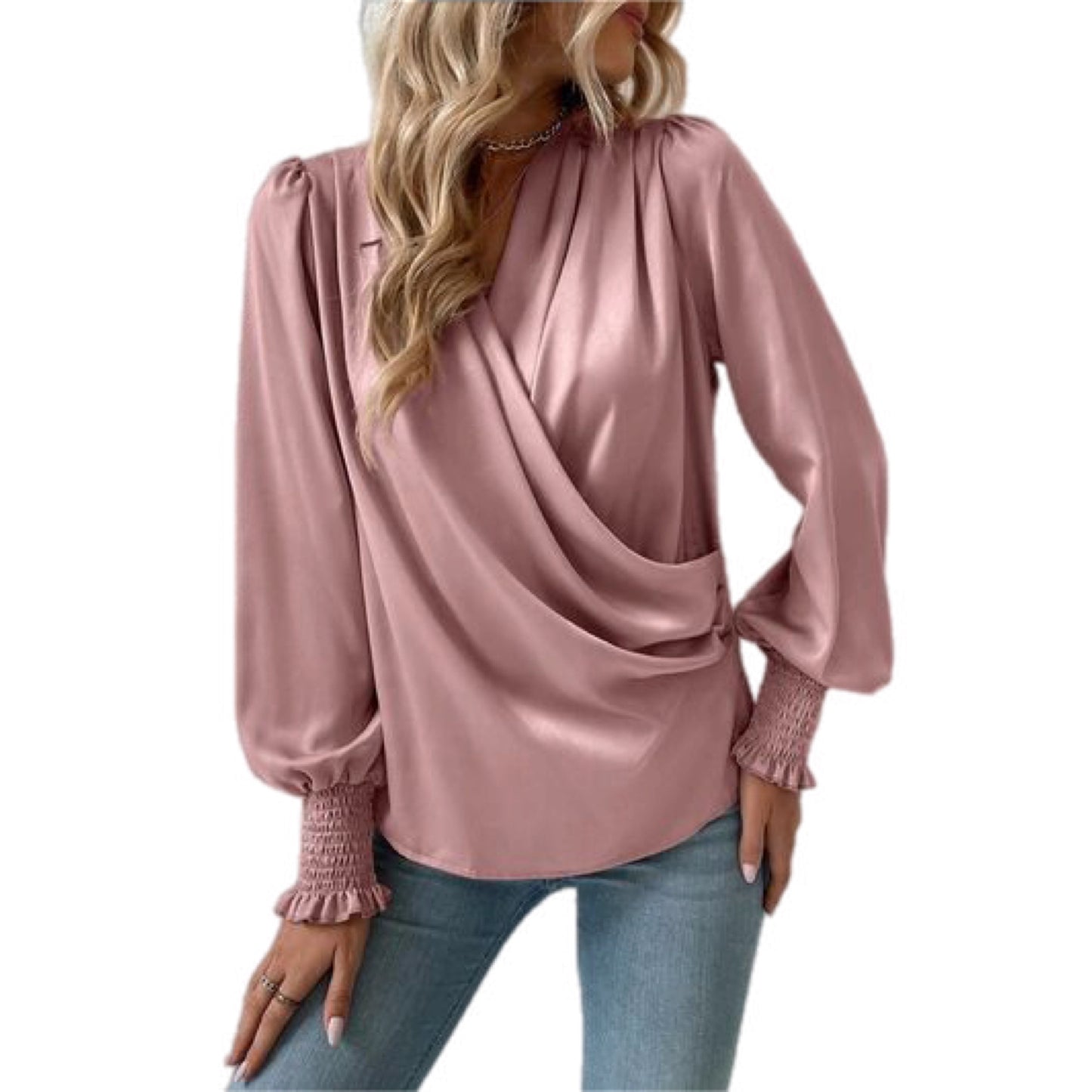 Surplice Smocked Lantern Sleeve Blouse