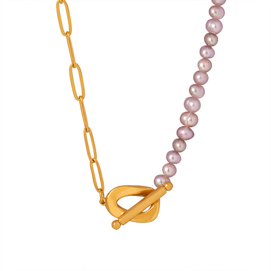 Lavender Freshwater Pearl & Gold Steel Chain Necklace