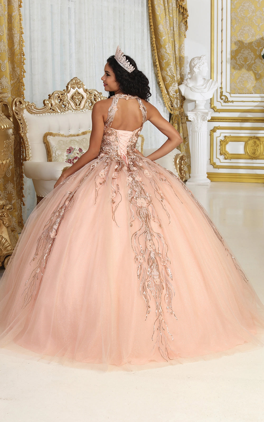 Detachable Cape Embroidered Quinceanera Ball Gown in Rose Gold