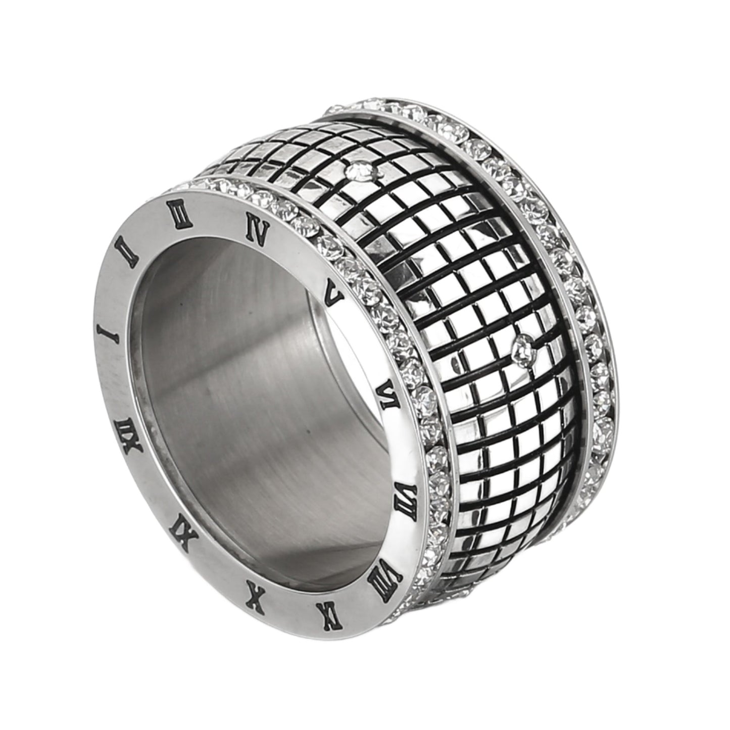 Dazzle Grid Rhinestone Embedded Stainless Steel Ring