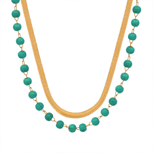 Gold Steel Layered Turquoise Gemstone Necklace