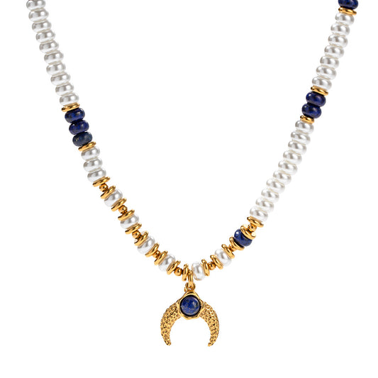 Lapis Lazuli & Pearl Crescent Moon Charm Necklace