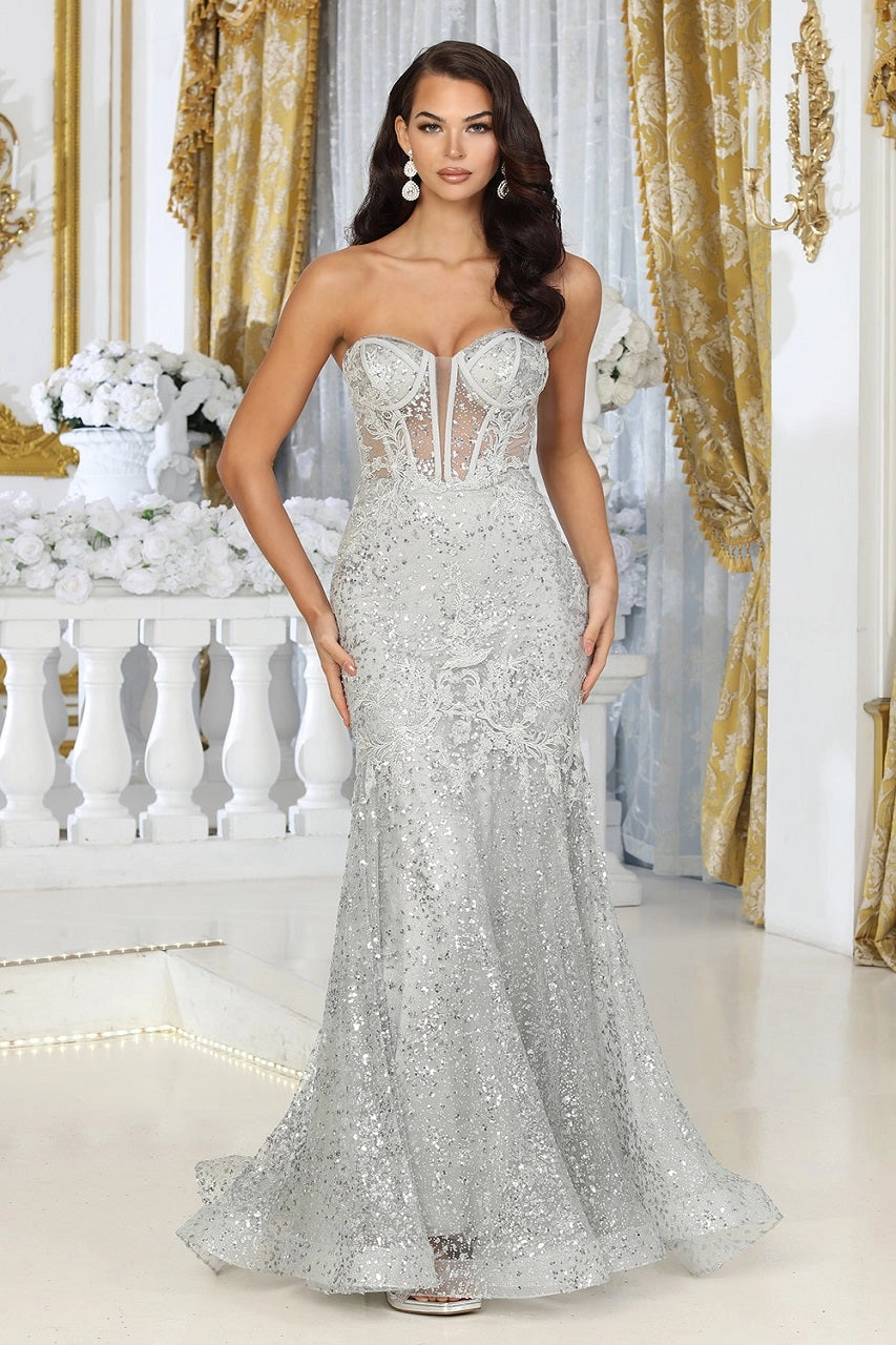 Glitter Embellished Strapless Evening Gown