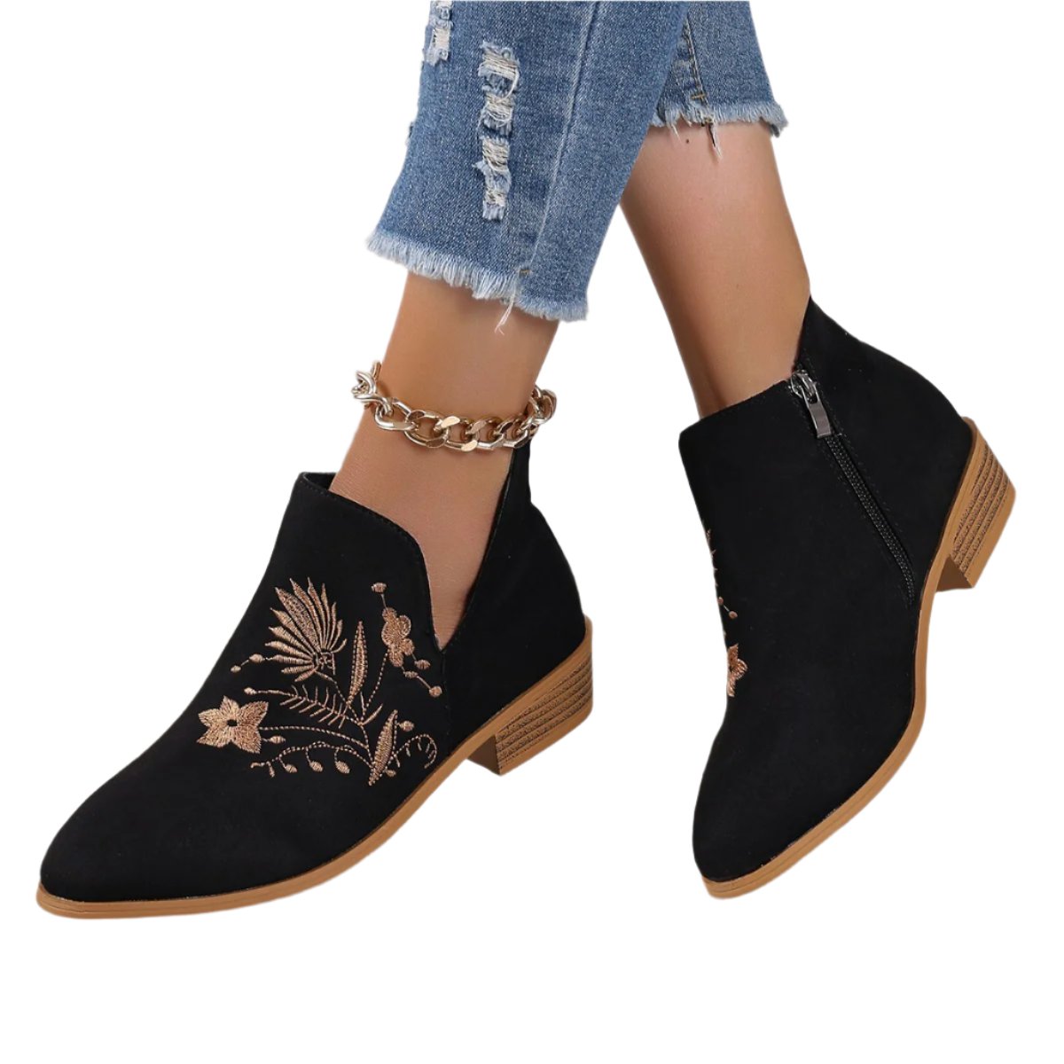 Embroidered Suede Point Toe Block Heel Boots