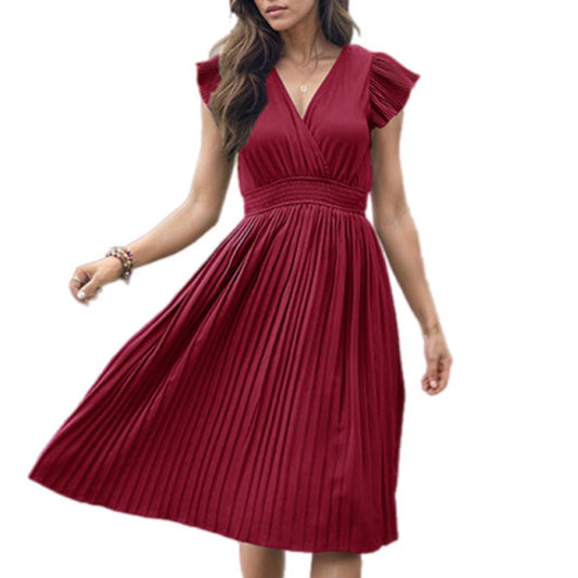 V-Neck Pleated Dress with Ruffle Sleeves