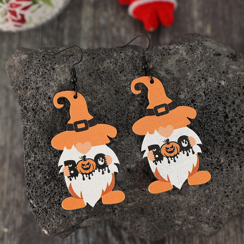 Wooden BOO Dwarfs Pumpkin Dangle Earrings