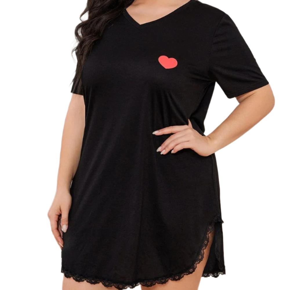 Plus Size Lace Trim V-Neck Short Sleeve Night Dress