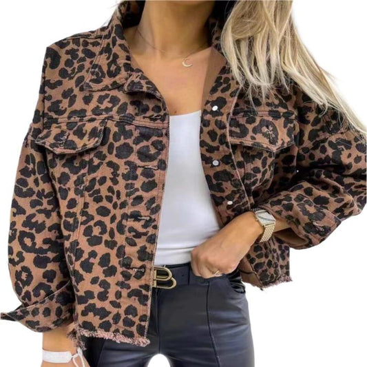 Raw Hem Leopard Denim Jacket