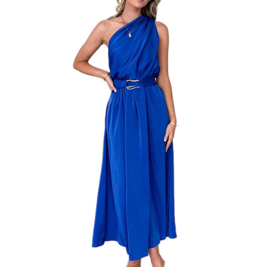 One-Shoulder Satin Maxi Dress with Waist Tie