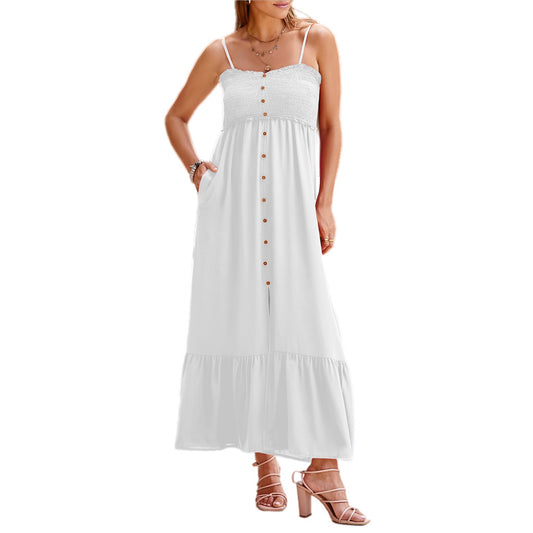 Smocked Bodice Button-Front Maxi Dress