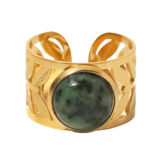 Green Jasper Gold Steel Ring