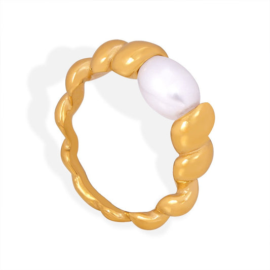 Gold Steel Freshwater Pearl Twist Ring