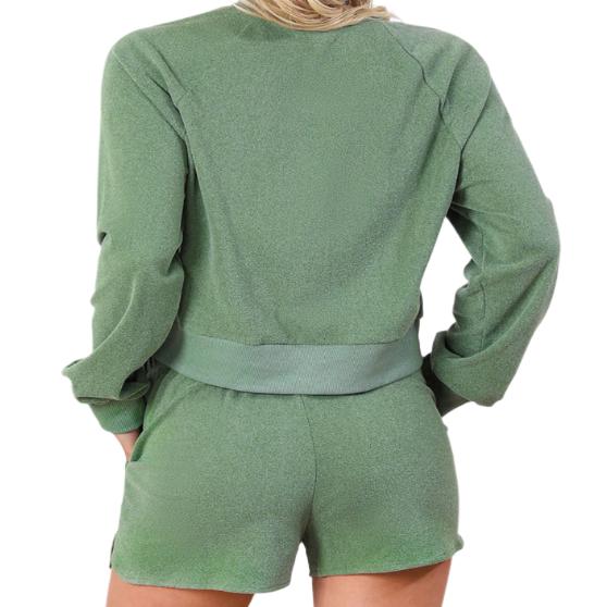 Round Neck Long Sleeve Top & Drawstring Shorts Lounge Set