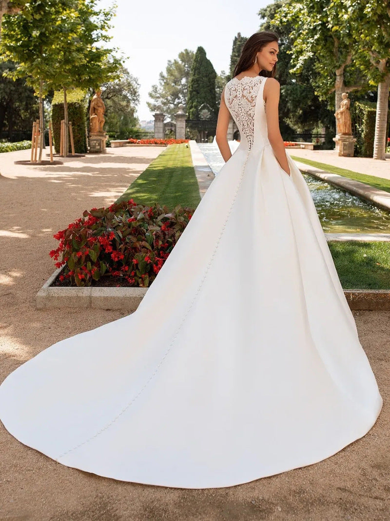 Satin Sleeveless Wedding Gown with Lace Accents