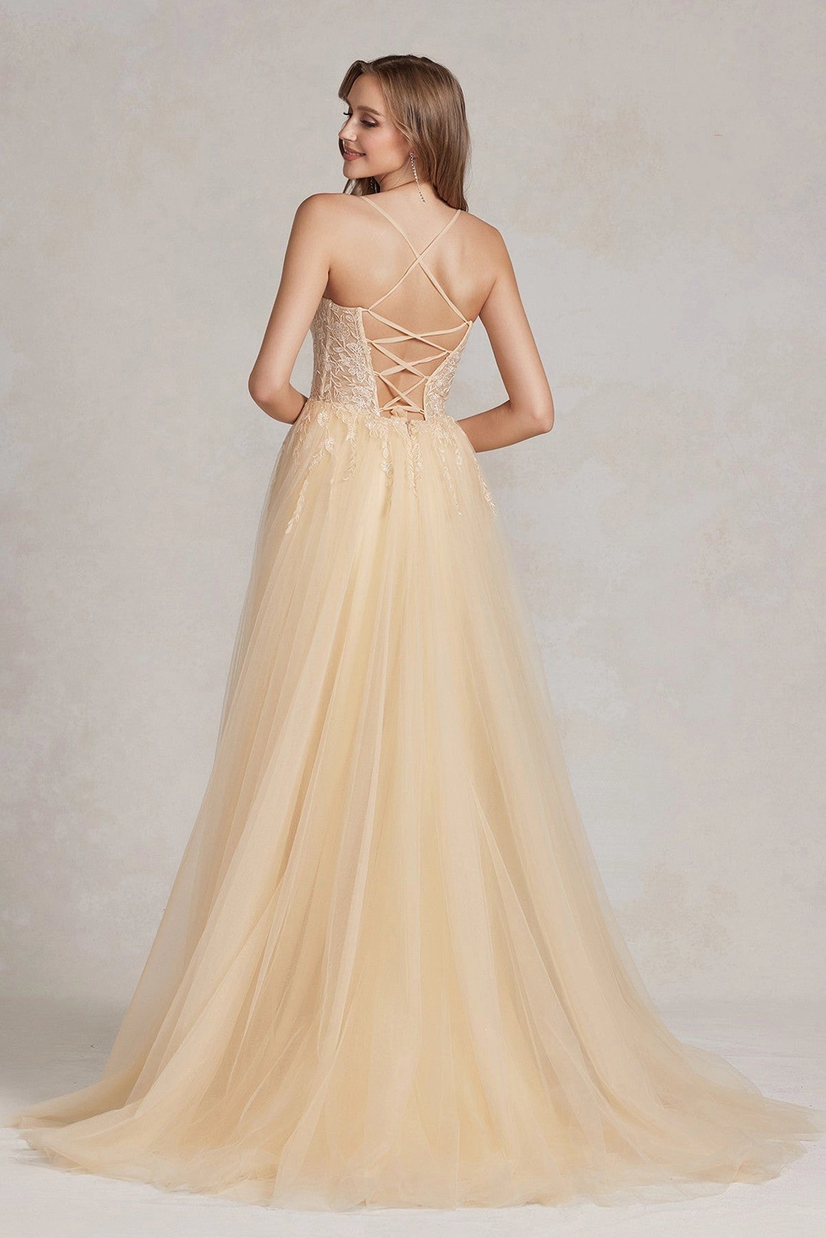 Open Back Tulle Prom Floral A-Line Formal Gown