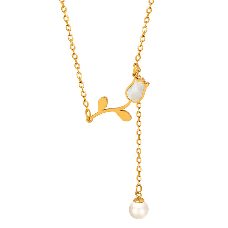 Gold Steel Rose & Pearl Lariat Necklace