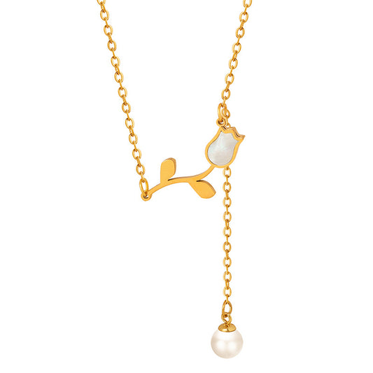 Gold Steel Rose & Pearl Lariat Necklace