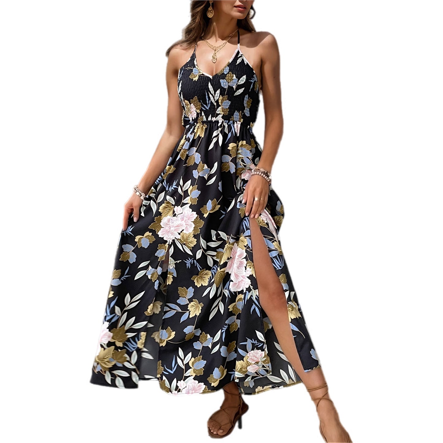 Halter Neck Floral High-Low Maxi Dress