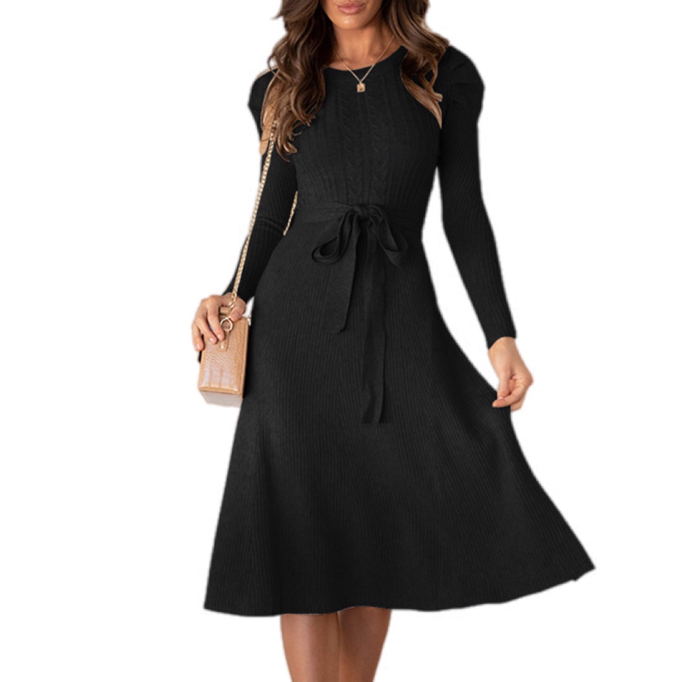 Ribbed Knit Tie-Waist Midi Dress