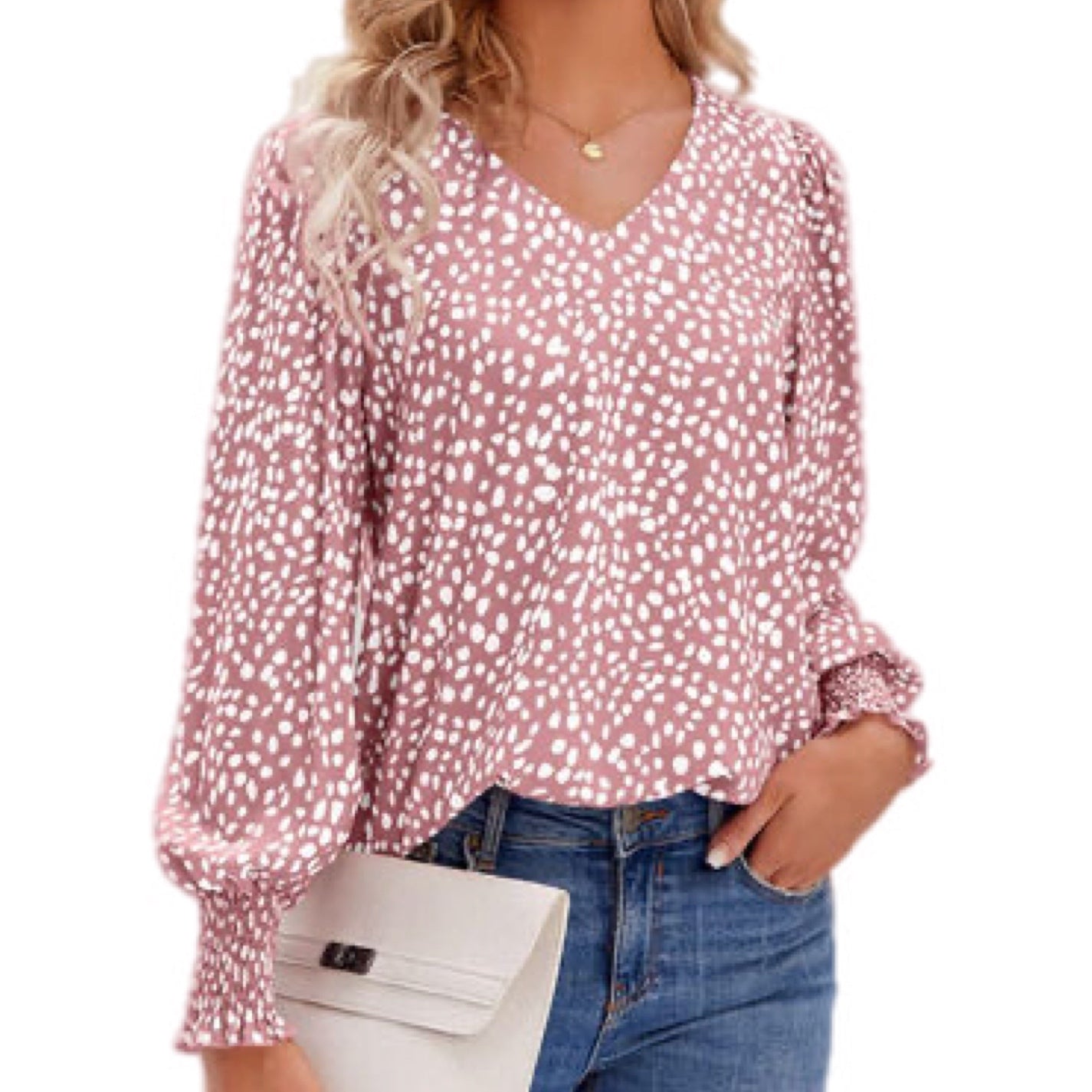 Printed V-Neck Lantern Sleeve Blouse