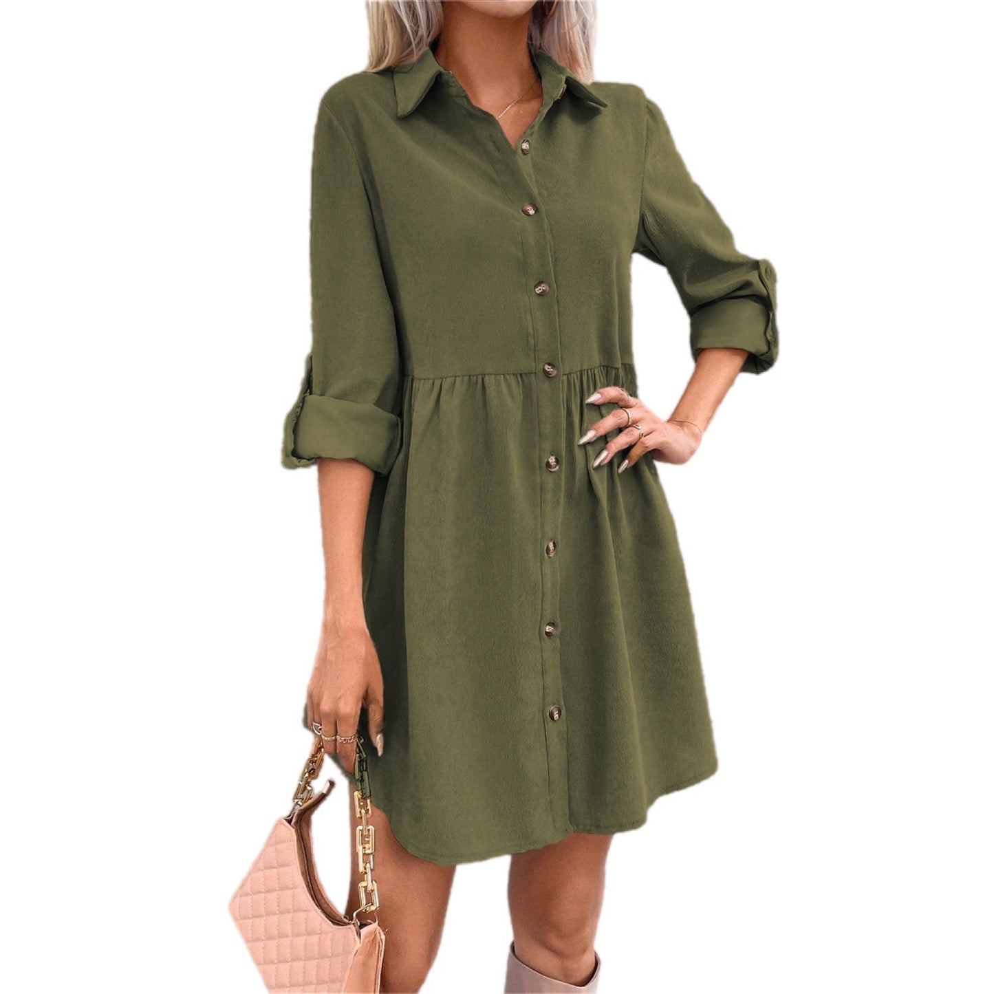 Olive Green Button-Up Shirt Dress