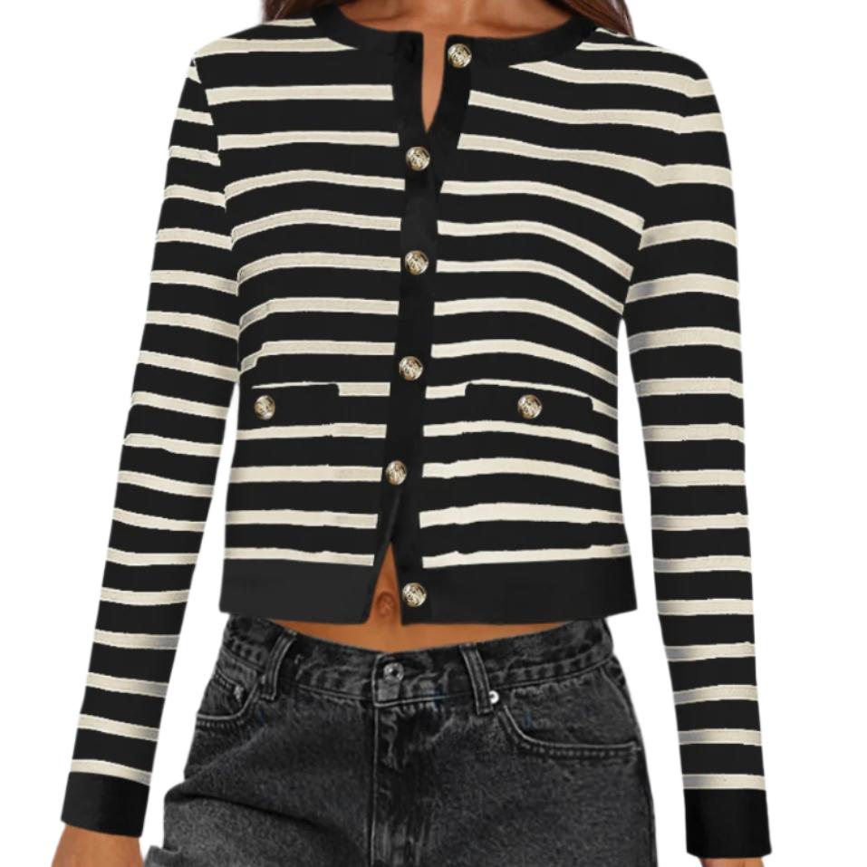 Striped Round Neck Button Up Cardigan