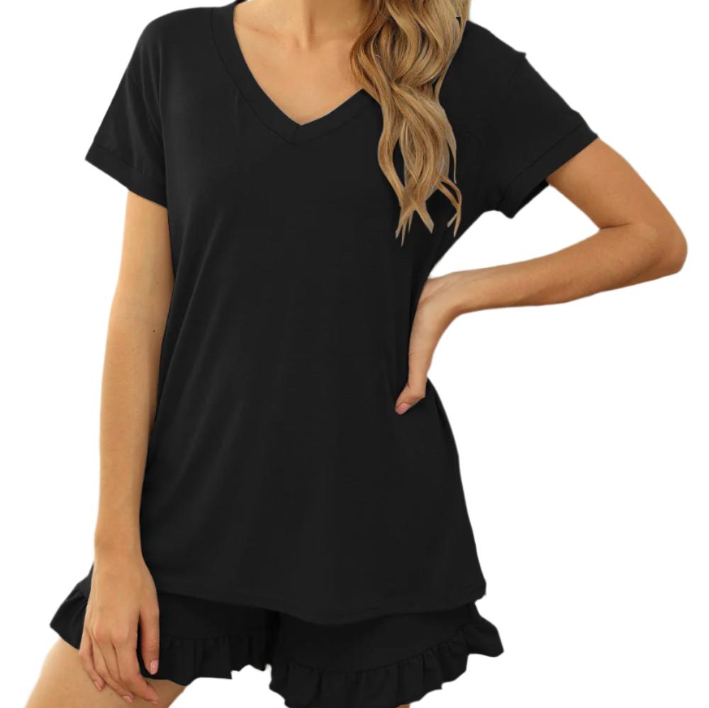 V-Neck Short Sleeve Top & Drawstring Shorts Pajama Set