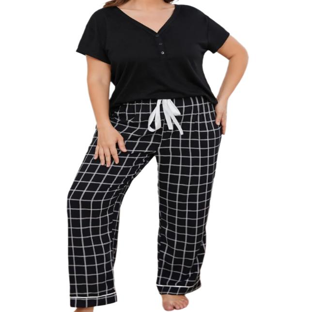 Plus Size V-Neck Top & Plaid Pants Pajama Set