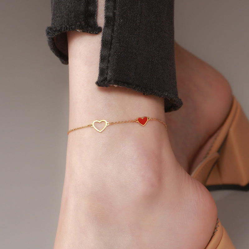 Gold Steel Double Heart Charm Anklet