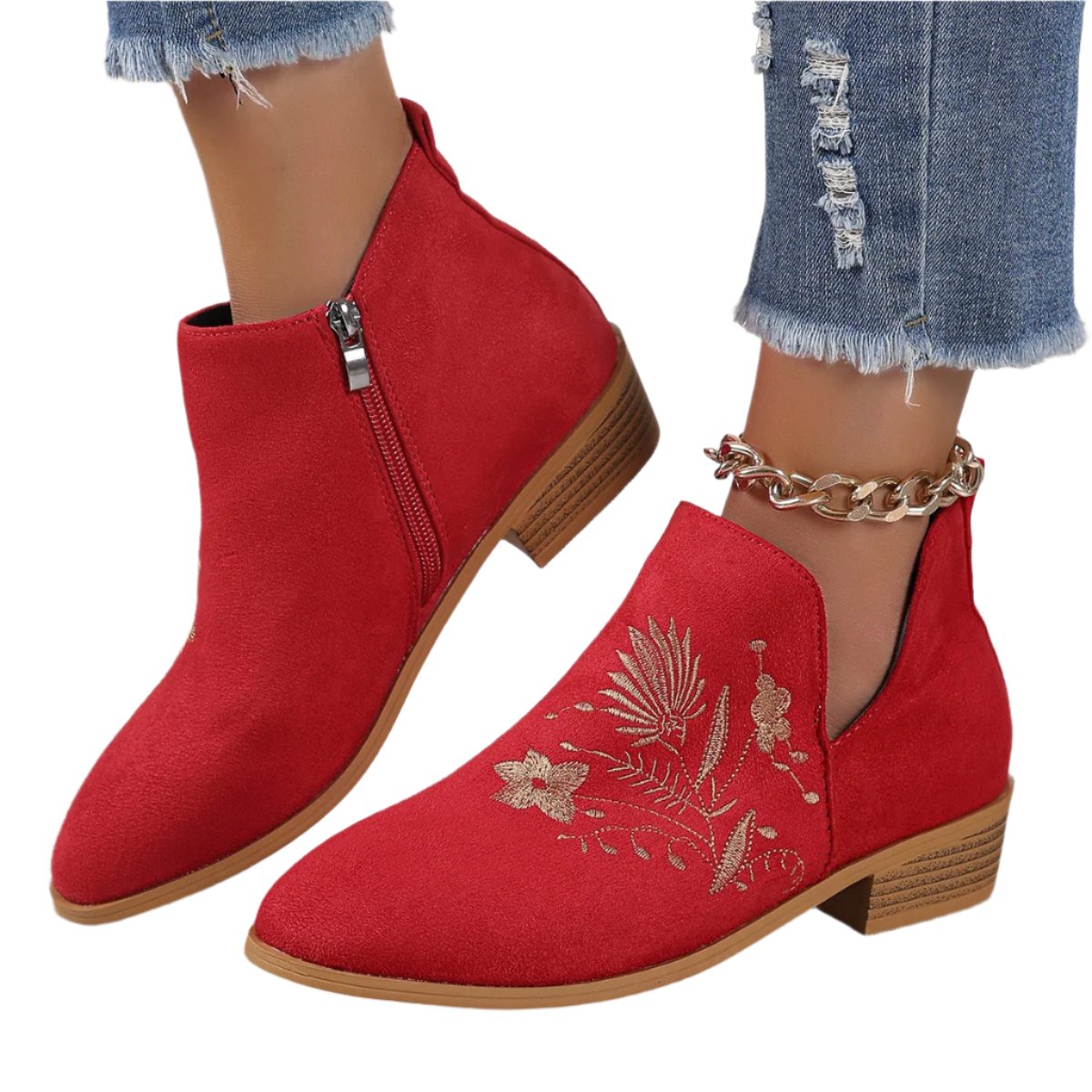 Embroidered Suede Point Toe Block Heel Boots