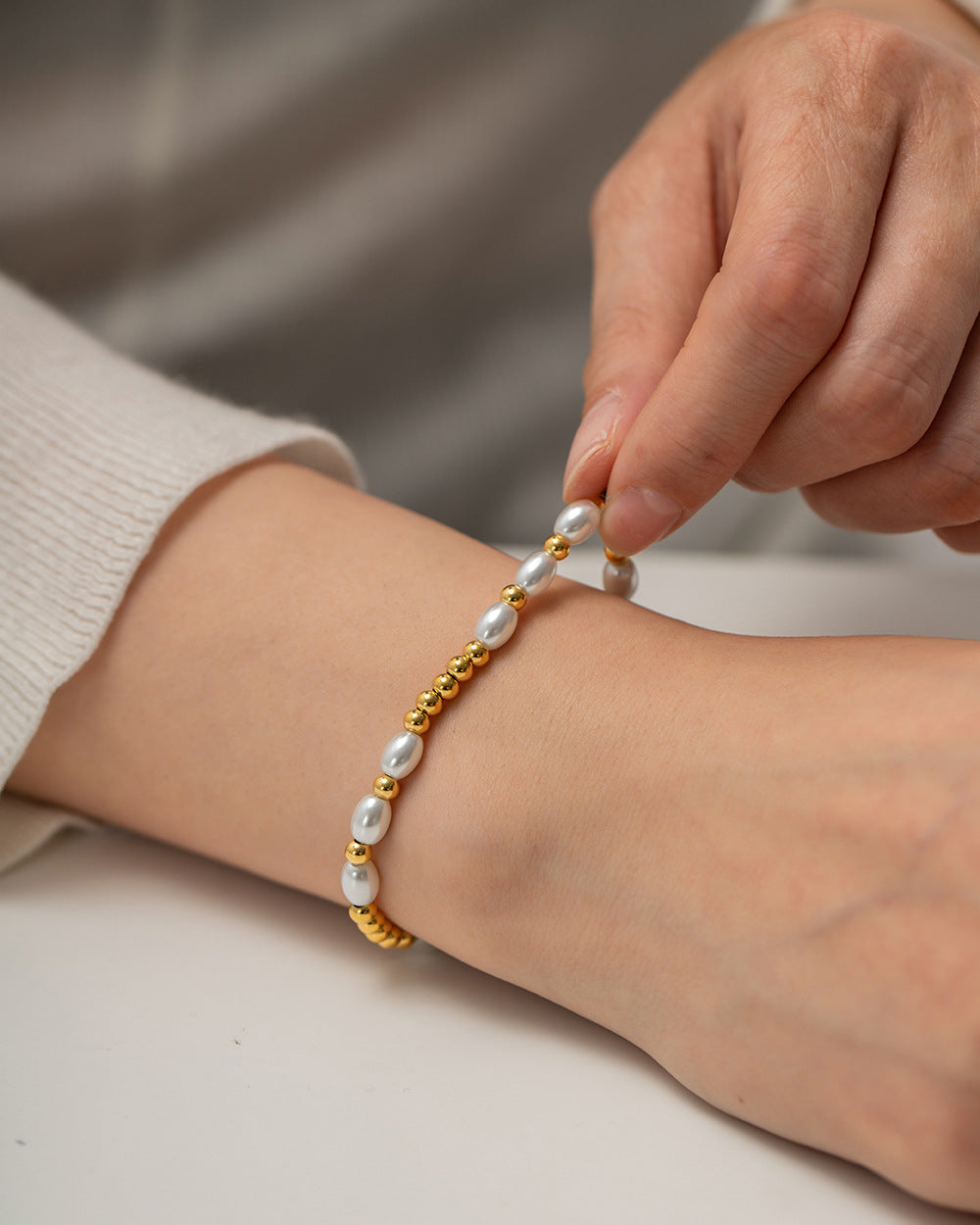 Gold Steel & Pearl Bracelet