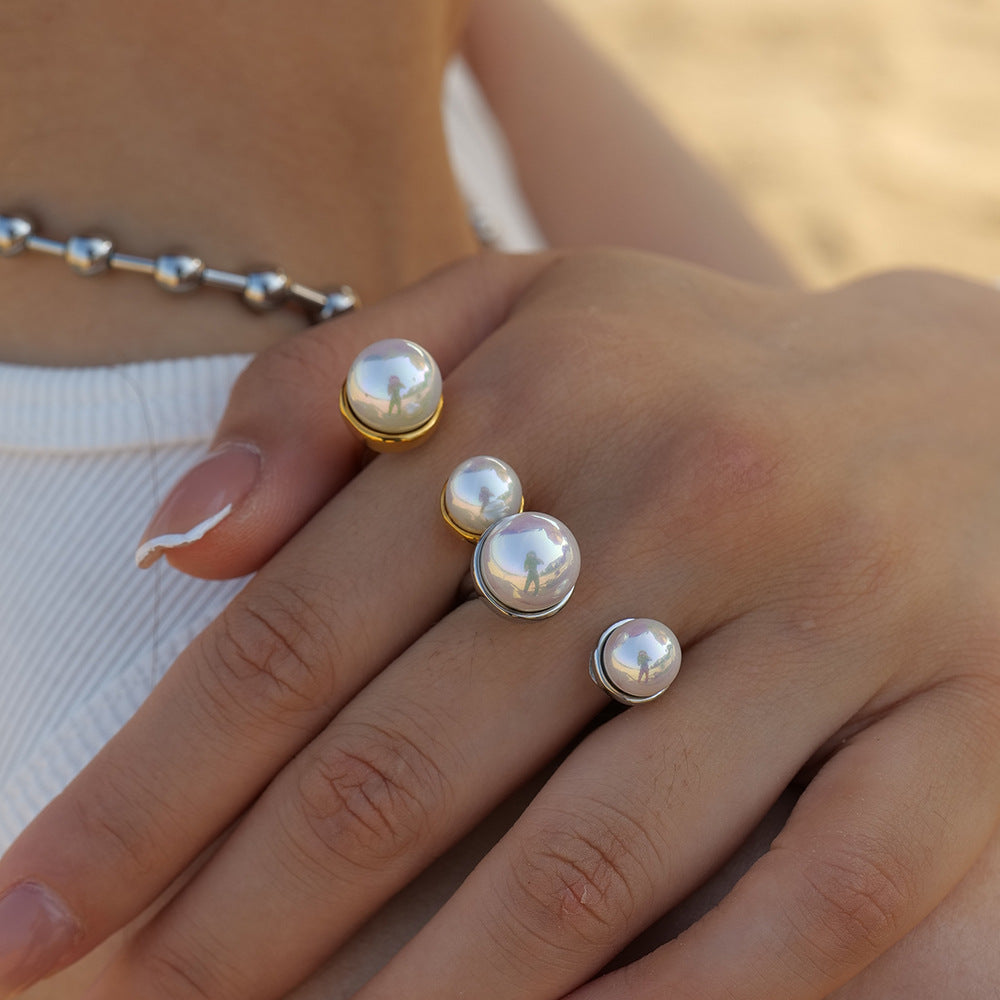 Gold or Silver Steel Double Pearl Statement Ring