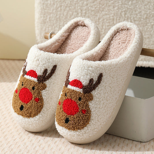 Christmas Reindeer Print Home Plush Slippers