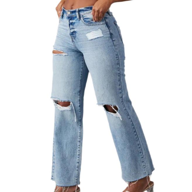 Distressed Straight Leg Jeans with Pockets