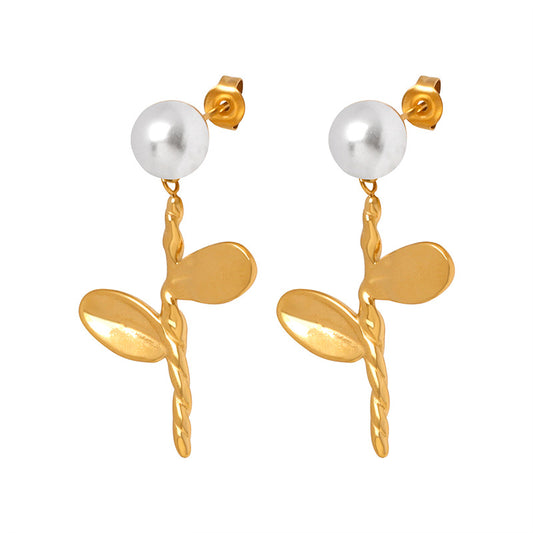 Gold or Silver Steel Flower Earrings with Pearl Accents