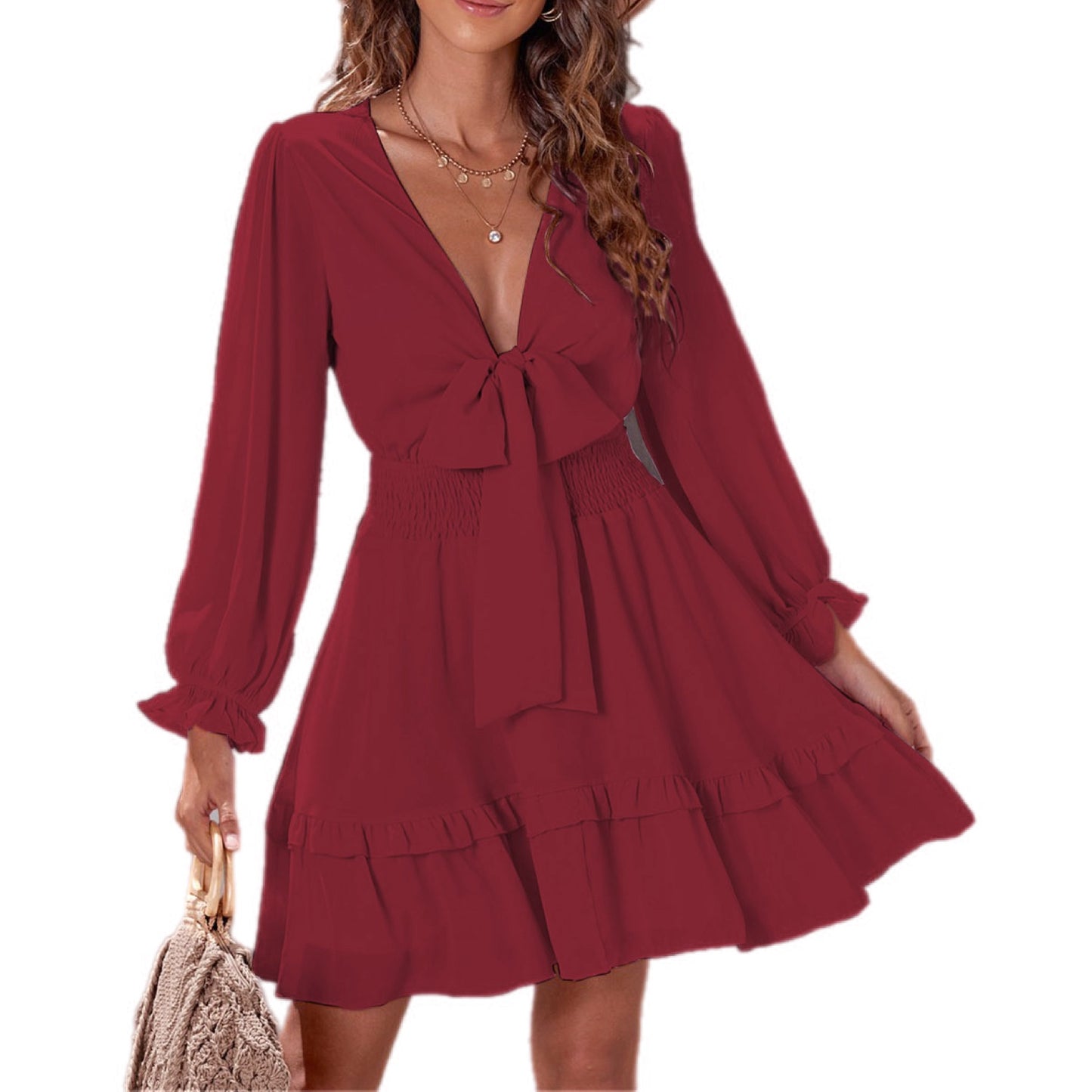 Tie-Waist V-Neck Ruffle Mini Dress