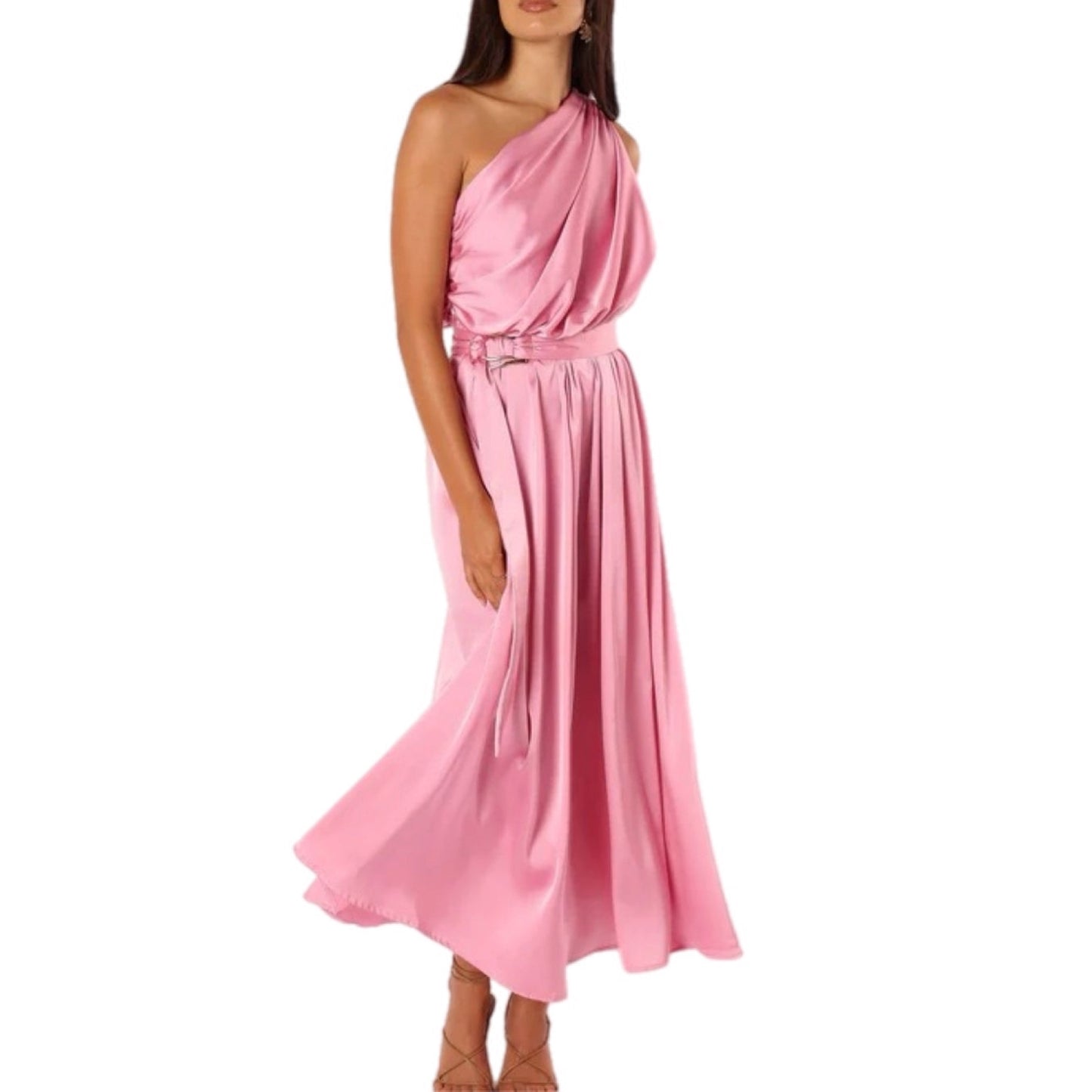 One-Shoulder Satin Maxi Dress with Waist Tie