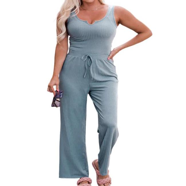 Notched Neck Tank Top & Tie Waist Wide Leg Long Pants Lounge Set