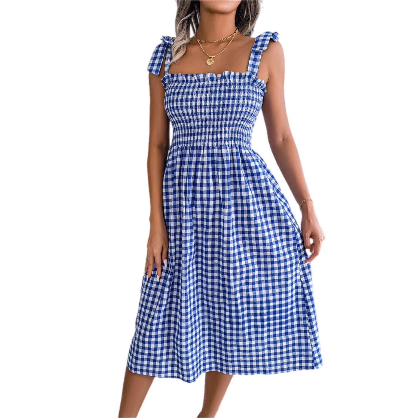 Retro Frill Plaid Midi Dress