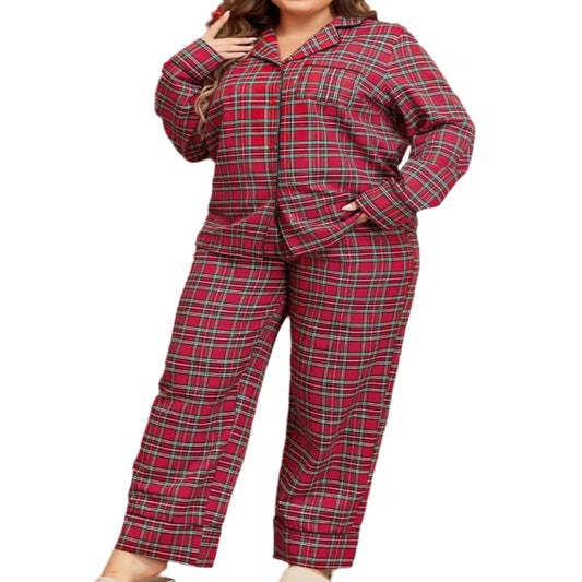 Plus Size Plaid Collared Neck Top & Pants Pajama Set