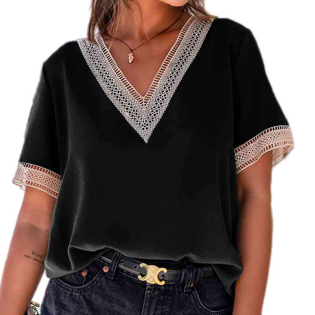 Lace Contrast V-Neck Blouse