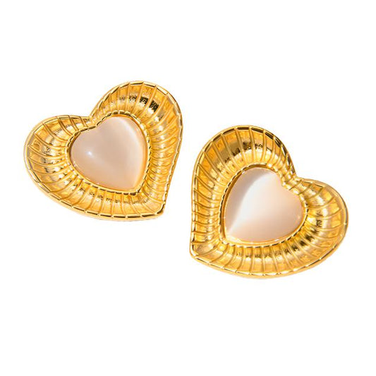 Gold Steel Cat's Eye Stone Heart Earrings