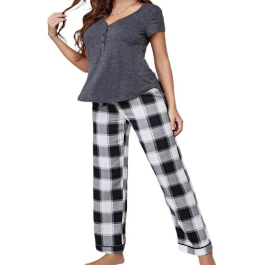 Curved Hem Short Sleeve Top & Plaid Pants Sleep Set