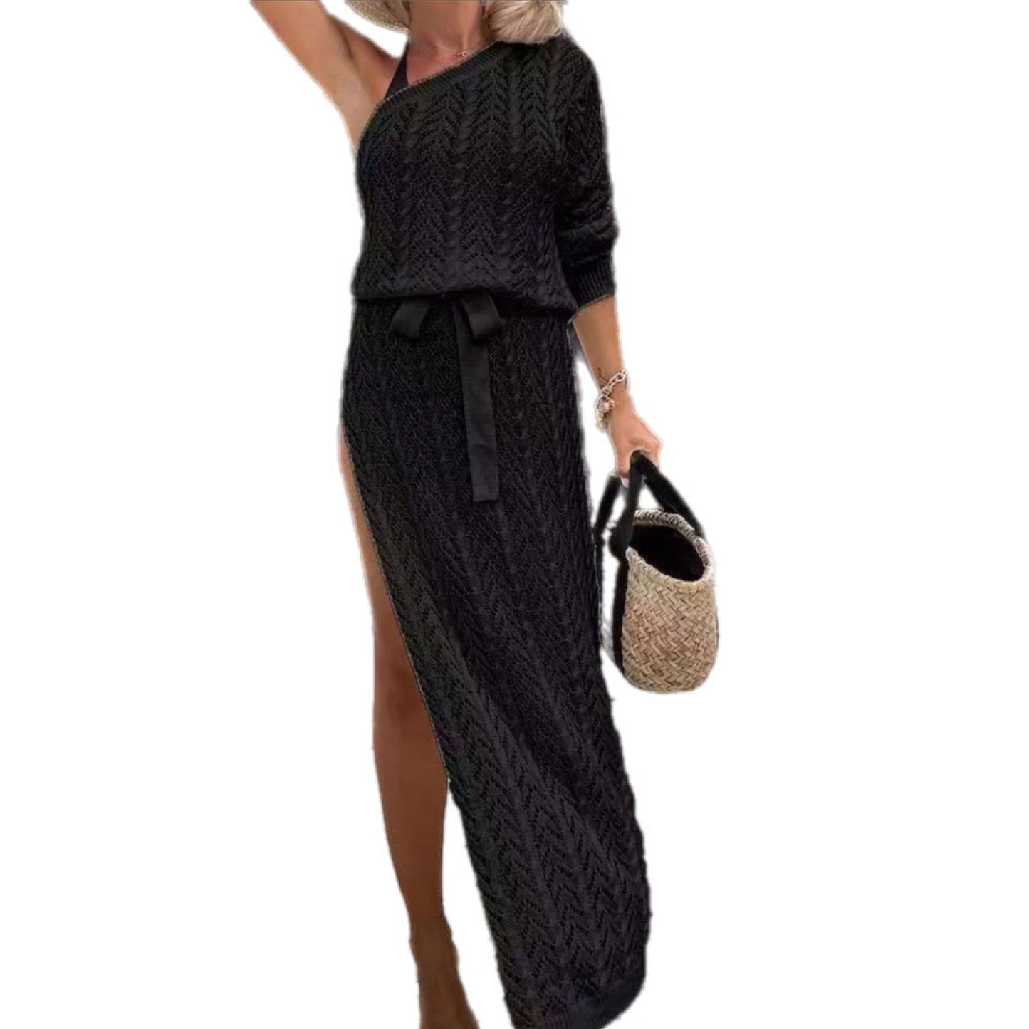 Textured Knit Asymmetrical Wrap Dress